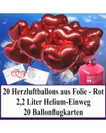 Luftballons zur Hochzeit steigen lassen, 20 rote Herzluftballons aus Folie, Helium-Einweg Set mit Ballonflugkarten