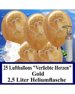 Luftballons zur Hochzeit steigen lassen, 30 Luftballons "Verliebte Herzen", gold, mit der 2,5 Liter Ballongas-Heliumflasche