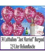 Luftballons zur Hochzeit steigen lassen, 30 Luftballons Just Married, burgund, mit der 2,5 Liter Ballongas-Heliumflasche