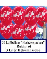 Luftballons zur Hochzeit steigen lassen, 30 Luftballons Hochzeitstauben, rubinrot, mit der 3 Liter Ballongas-Heliumflasche