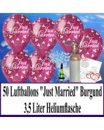 Luftballons zur Hochzeit steigen lassen, 50 Luftballons Just Married, burgund, mit der 3,5 Liter Ballongas-Heliumflasche