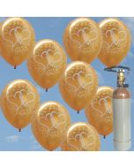 Luftballons zur Hochzeit steigen lassen, 50 Luftballons "Verliebte Herzen", gold, mit der 5 Liter Ballongas-Heliumflasche