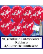 Luftballons zur Hochzeit steigen lassen, 50 Luftballons Hochzeitstauben, rubinrot, mit der 4,5 Liter Ballongas-Heliumflasche