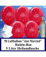 Luftballons zur Hochzeit steigen lassen, 50 Luftballons Just Married, rubinrot, mit der 5 Liter Ballongas-Heliumflasche