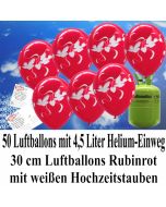 Luftballons zur Hochzeit steigen lassen, 50 Luftballons Hochzeitstauben, rubinrot, mit der 4,5 Liter Ballongas-Helium-Einwegflasche