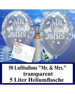 Luftballons zur Hochzeit steigen lassen, 50 Luftballons Mr. & Mrs., transparent, mit der 5 Liter Ballongas-Heliumflasche