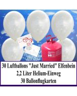 Luftballons zur Hochzeit steigen lassen, Rundluftballons perlmutt-elfenbein, Just Married, Helium-Einweg Set mit Ballonflugkarten