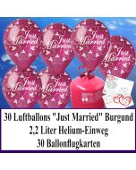 Luftballons zur Hochzeit steigen lassen, Rundluftballons burgund, Just Married, Helium-Einweg Set mit Ballonflugkarten