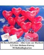 Luftballons zur Hochzeit steigen lassen, rote Herzluftballons, Alles Gute zur Hochzeit, Helium-Einweg Set mit Ballonflugkarten