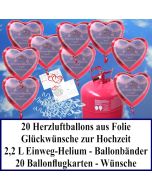 Luftballons zur Hochzeit steigen lassen, rote Herzluftballons aus Folie, Glückwünsche zur Hochzeit, Helium-Einweg Set mit Ballonflugkarten