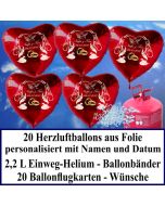Luftballons zur Hochzeit steigen lassen, rote Herzluftballons aus Folie, personalisiert, mit Namen des Hochzeitspaares und Datum des Hochzeitstages, Helium-Einweg Set mit Ballonflugkarten