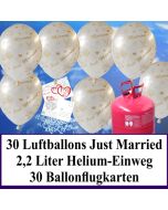 Luftballons zur Hochzeit steigen lassen, weiße Rundluftballons Just Married, Helium-Einweg Set mit Ballonflugkarten