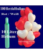 Luftballons zur Hochzeit, 100-herzluftballons-rot-weiss-ballons-helium-set-10-liter-ballongas