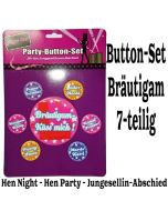 Party-Button-Set Bräutigam zu Hen Night, Hen Party und Junggesellenabschied