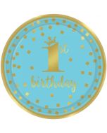Gold 1st Birthday Blau, 8 Partyteller zum 1. Geburtstag