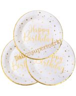 Weiß-Goldene Happy Birthday Partyteller zum Geburtstag, Kindergeburtstag