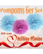 Pompoms in Hellblau und Pflaume, 25 cm, 6er Set