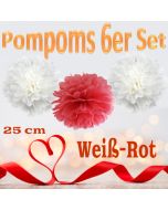 Pompoms in Weiß und Rot, 25 cm, 6er Set