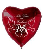 Roter Herzluftballon Alles Gute zur Hochzeit. Eheringe, Tauben und Herzen