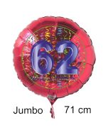Großer Zahl 62 Luftballon aus Folie zum 62. Geburtstag, 71 cm, Rot/Blau, heliumgefüllt