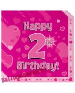 16 Servietten zum 2. Kindergeburtstag, Happy 2nd Birthday Pink, Mädchen