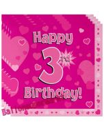 16 Servietten zum 3. Kindergeburtstag, Happy 3rd Birthday Pink, Mädchen