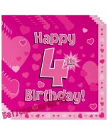 16 Servietten zum 4. Kindergeburtstag, Happy 4th Birthday Pink, Mädchen
