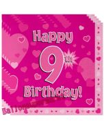 16 Servietten zum 9. Kindergeburtstag, Happy 9th Birthday Pink, Mädchen