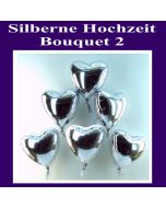 Bouquet 2 zur Silbernen Hochzeit, silberne Herzluftballons aus Folie mit Ballongas-Helium