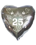 Herzluftballon aus Folie in Silber, Tauben, Herzen und Schleifen, Zahl 25, zur Silbernen Hochzeit inklusive Helium Ballongas