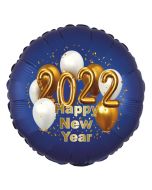 Großer Silvester Luftballon: 2022 Happy New Year Satin de Luxe, blau, 70 cm