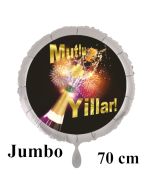 Mutlu Yillar! Silvester Luftballon aus Folie mit Helium: Überschäumender Champagner mit Feuerwerk und Glückssymbol