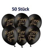 Luftballons Silvester, Happy New Year, schwarz-gold, 50 Stück