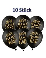 Luftballons Silvester, Happy New Year, schwarz-gold, 10 Stück