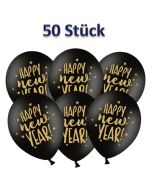 Luftballons Silvester, Happy New Year, schwarz-gold, 50 Stück