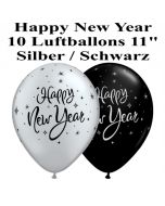 Luftballons zu Silvester und Neujahr, Happy New Year, silber-schwarz, 10 Stück