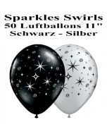 Luftballons zu Silvester und Neujahr, Sparkles, Swirls, silber, schwarz, 50 Stück