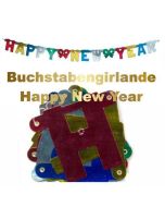 Happy New Year Buchstabengirlande, silber, gold, blau, rot