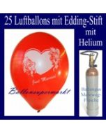 Just Married Luftballons, Glückwünsche - Namen eintragen, 25 Luftballons mit Heliumflasche