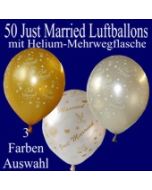 Just Married Luftballons, 50 Hochzeitsballons mit Heliumflasche