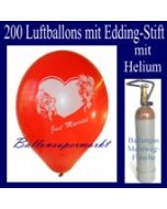 Just Married Luftballons, Glückwünsche - Namen eintragen, 200 Luftballons mit Heliumflasche