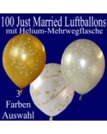 Just Married Luftballons, 100 Hochzeitsballons mit Heliumflasche