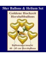 Herzluftballons mit Helium in Gold, Maxi-Set zur Goldenen Hochzeit, 50 Ballons und Ballongasflasche