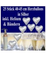 Herzluftballons mit Helium in Silber, Maxi-Set zur Silbernen Hochzeit, 25 Ballons und Ballongasflasche