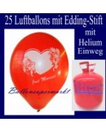 Just Married Luftballons, Glückwünsche - Namen eintragen, 25 Luftballons mit Helium-Einwegflasche