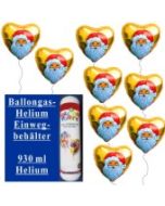 Helium-Einweg-Behälter mit 9 Weihnachtsballons Nikolaus, gold