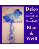 Herzluftballons-Dekoration mit Ringelband und Zierschleife, Blau-Weiß