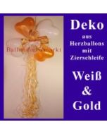 Herzluftballons-Dekoration mit Ringelband und Zierschleife, Gold-Weiß