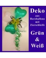 Herzluftballons-Dekoration mit Ringelband und Zierschleife, Grün-Weiß