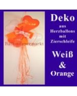 Herzluftballons-Dekoration mit Ringelband und Zierschleife, Orange-Weiß